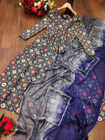 Blue Grey Rayon Anarkali Gown With Dupatta - Joshindia