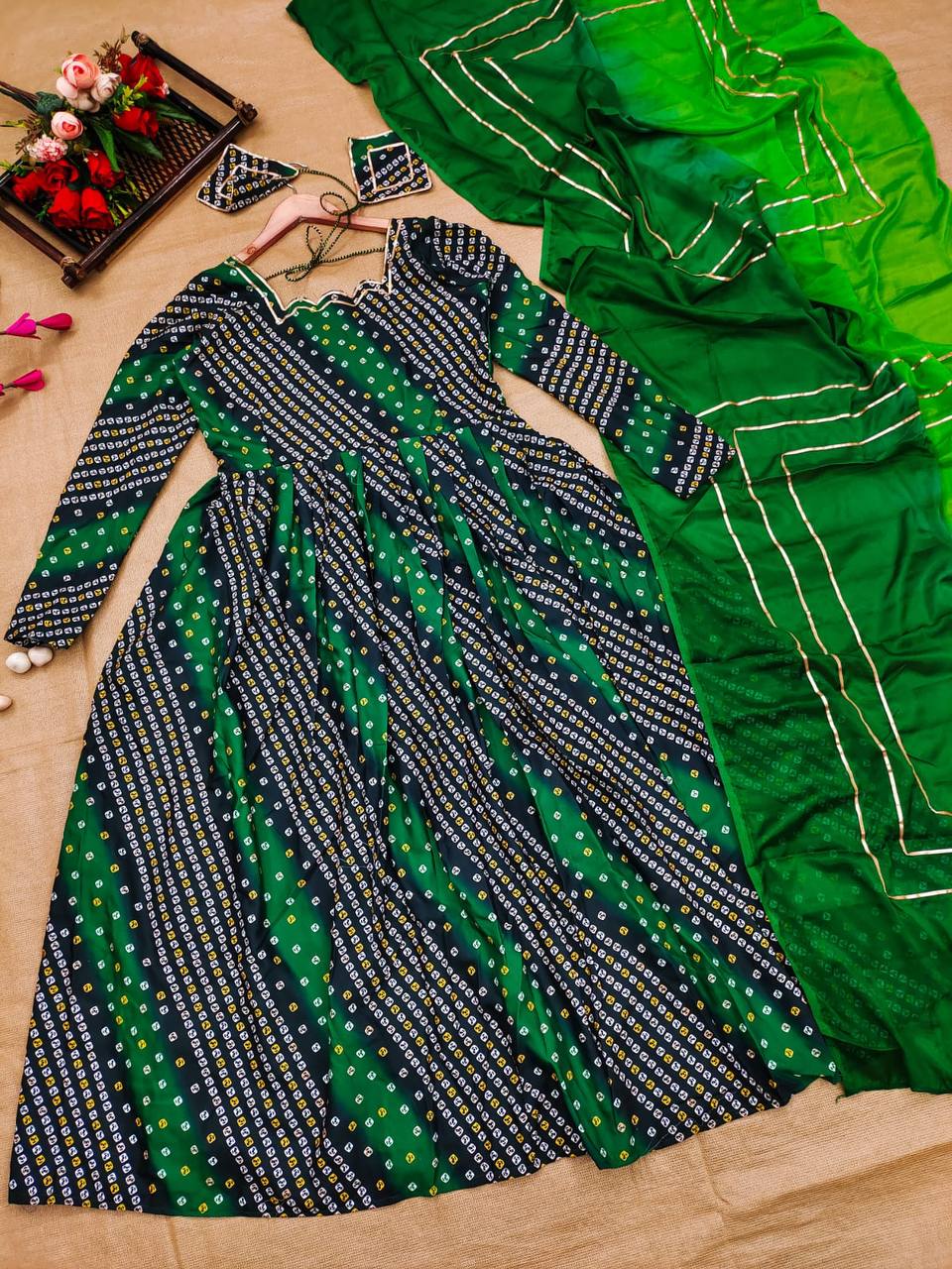 Green Bandhani Printed Rayon Long Kurti - Joshindia