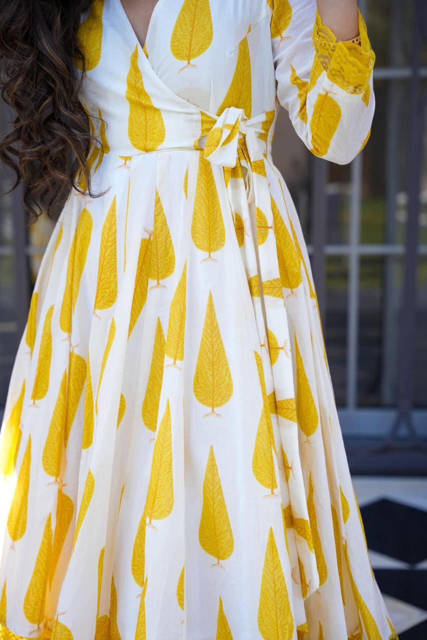 White And Yellow Leaf Print Anarkali Suit Set - Joshindia
