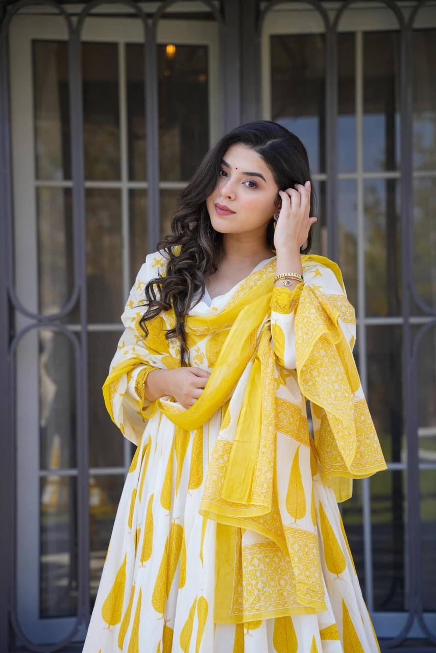 White And Yellow Leaf Print Anarkali Suit Set - Joshindia
