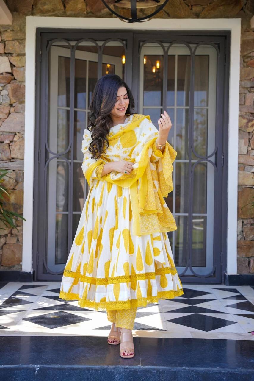 White And Yellow Leaf Print Anarkali Suit Set - Joshindia
