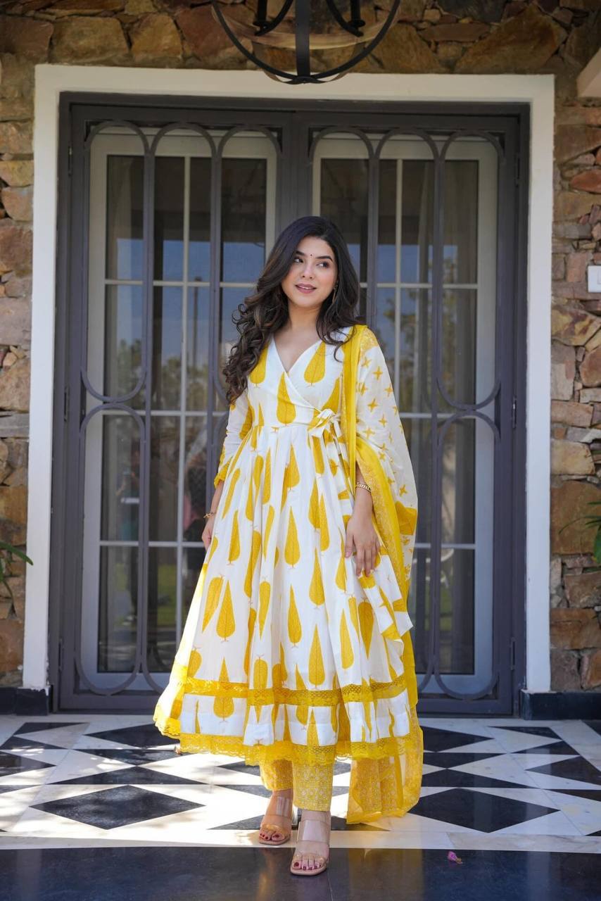 White And Yellow Leaf Print Anarkali Suit Set - Joshindia