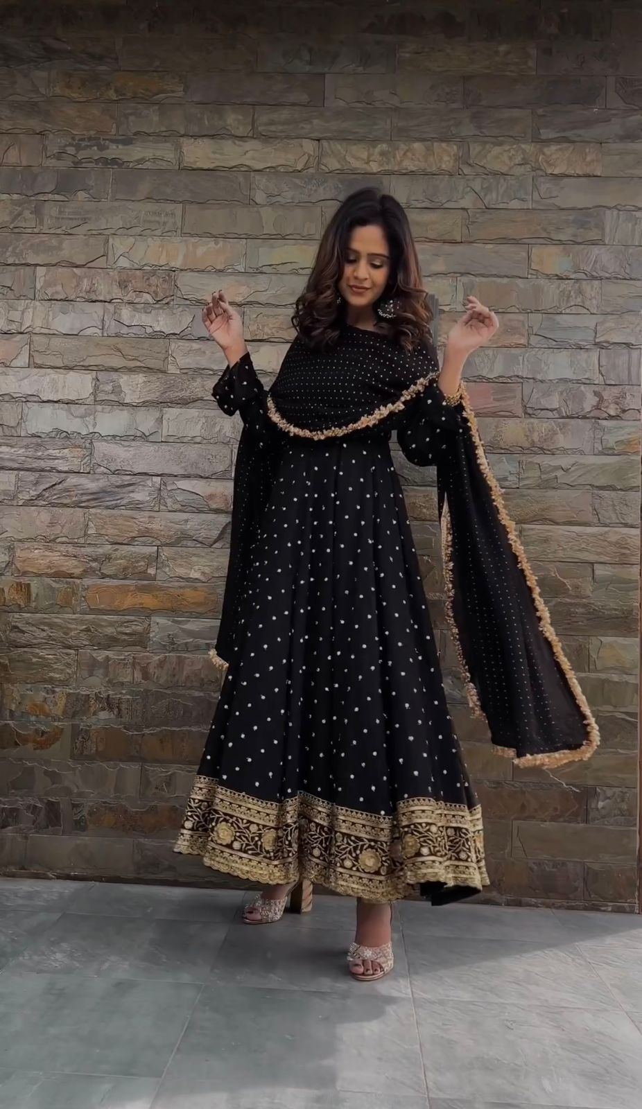 Black georgette thread and sequence work party wear anarkali suit - Joshindia