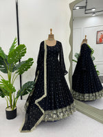 Black georgette thread and sequence work party wear anarkali suit - Joshindia