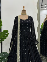 Black georgette thread and sequence work party wear anarkali suit - Joshindia
