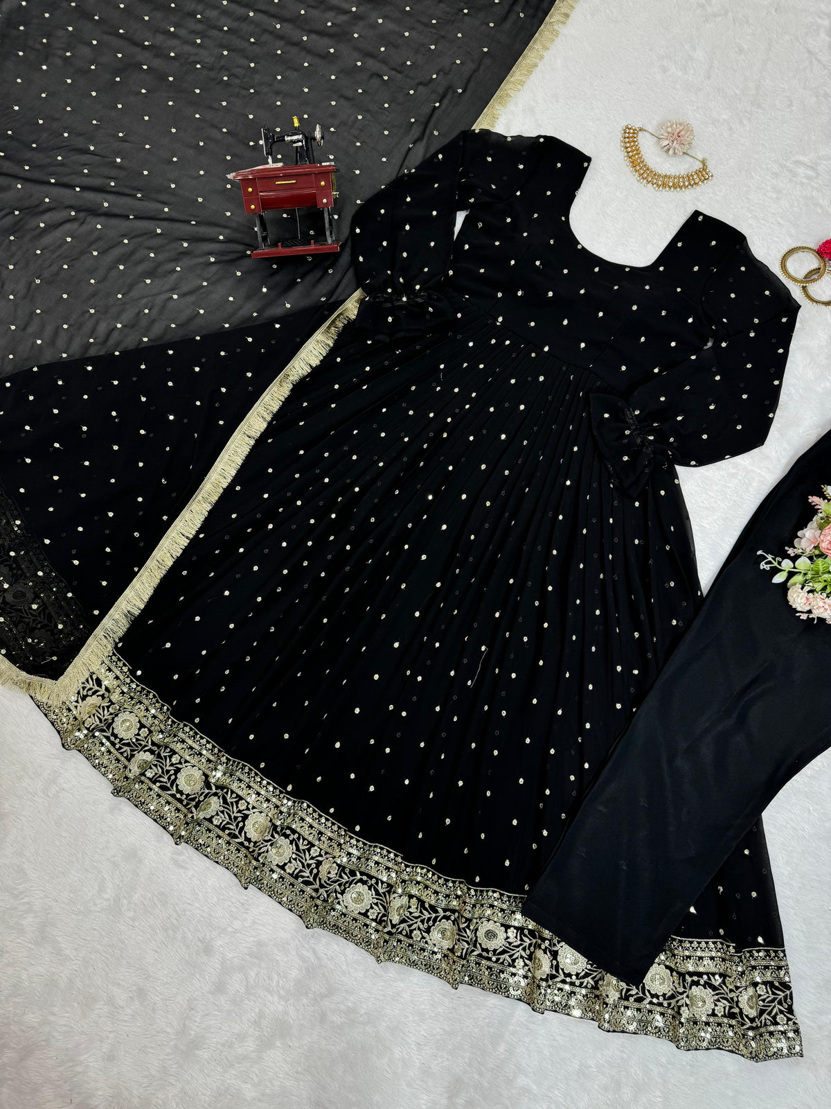 Black georgette thread and sequence work party wear anarkali suit - Joshindia