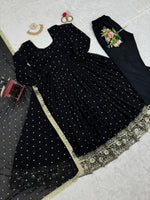 Black georgette thread and sequence work party wear anarkali suit - Joshindia