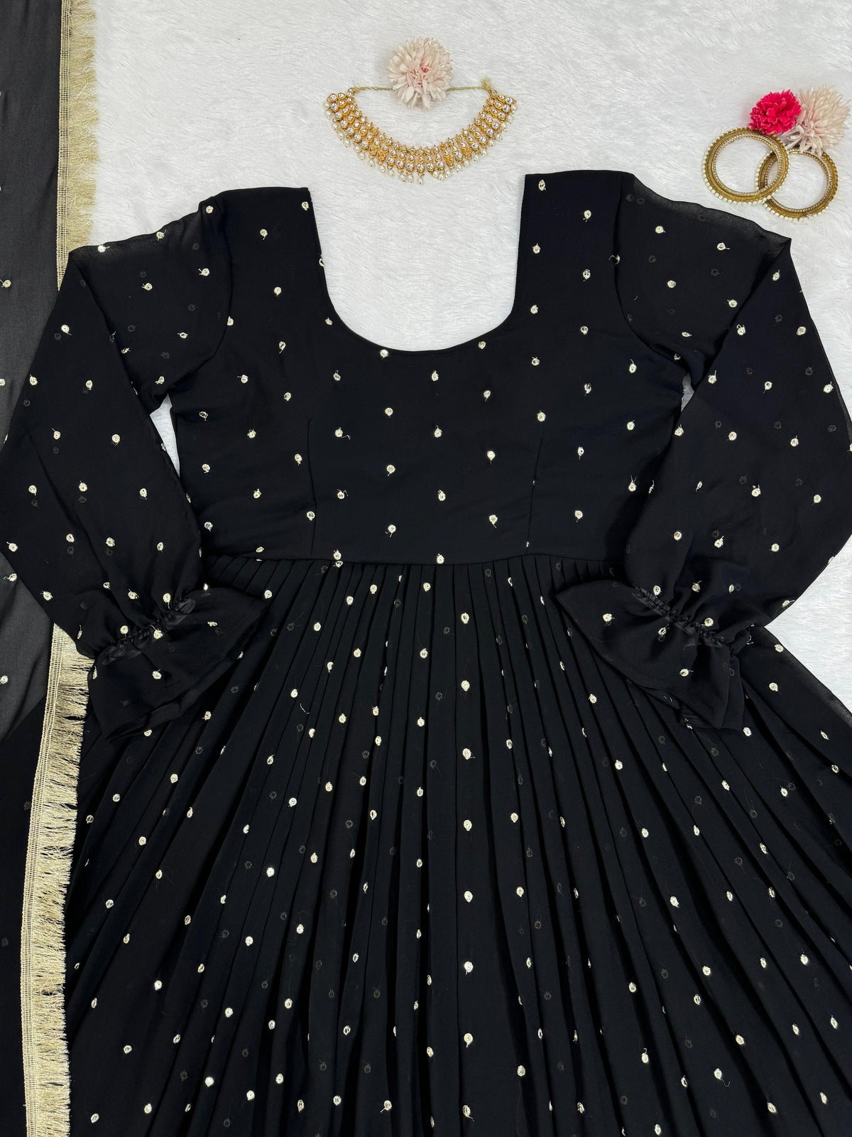 Black georgette thread and sequence work party wear anarkali suit - Joshindia