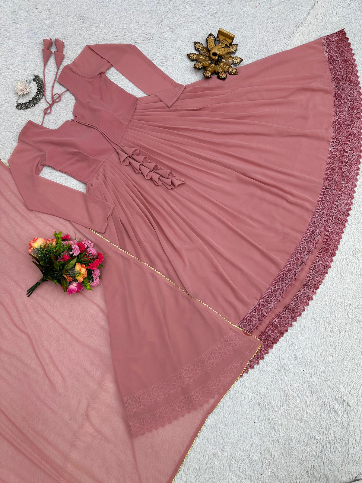 Peach Color Faux Georgette Anarkali Gown With Dupatta