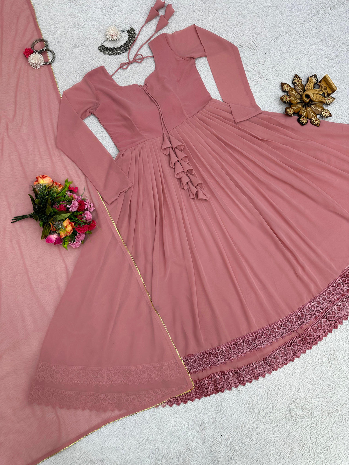 Peach Color Faux Georgette Anarkali Gown With Dupatta