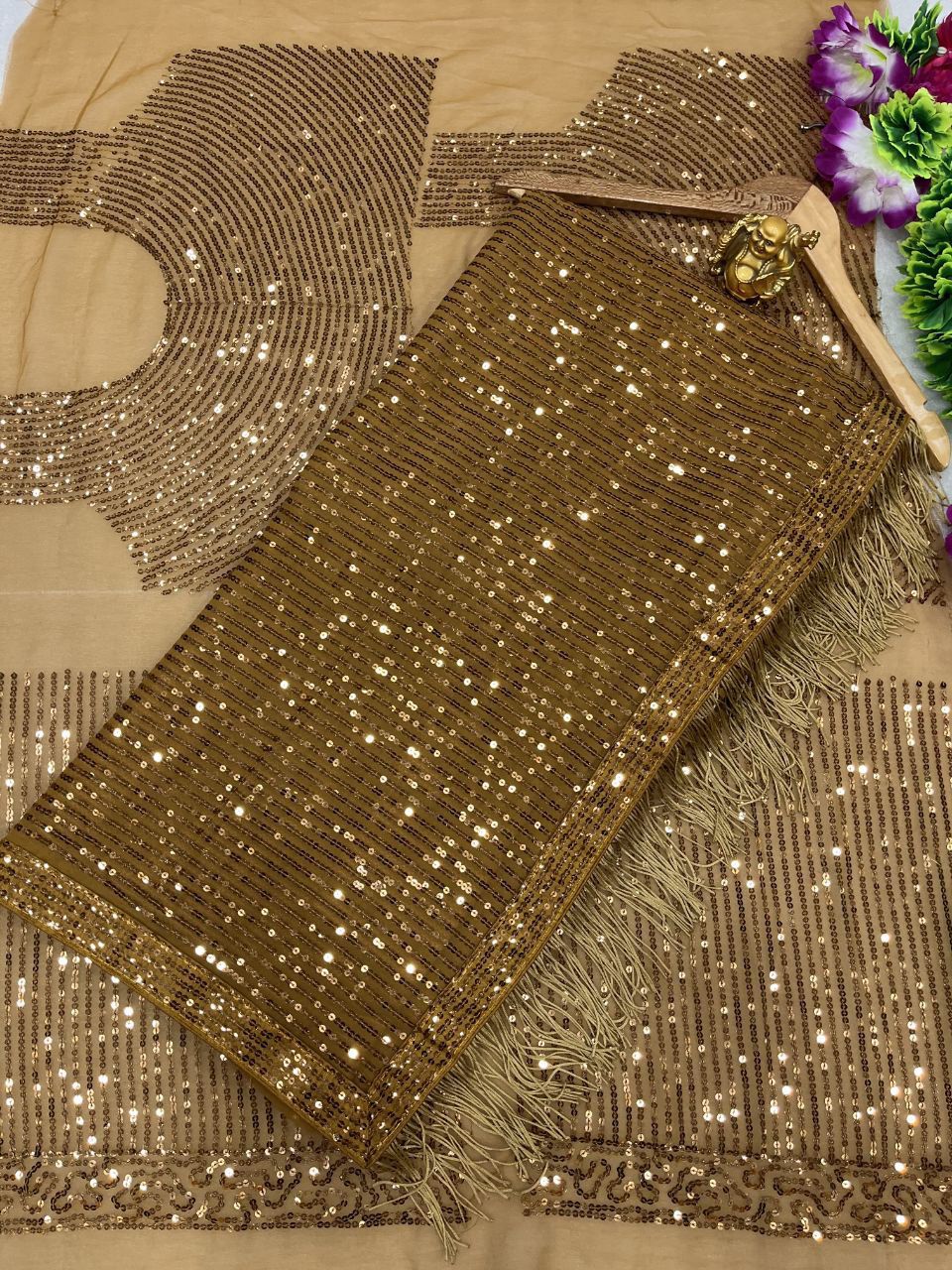 Golden Color Georgette Sequins Embroidery Saree