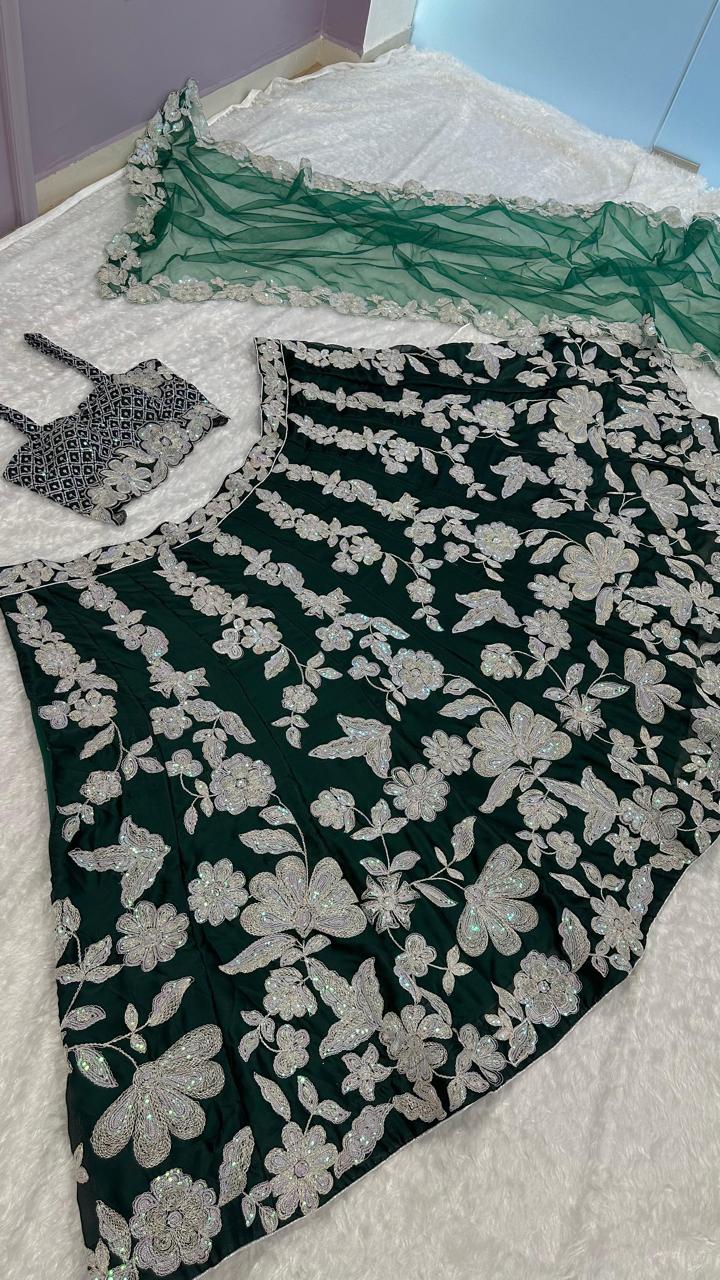 Green Heavy Designer Lehenga Choli with Rainbow Sequins Work