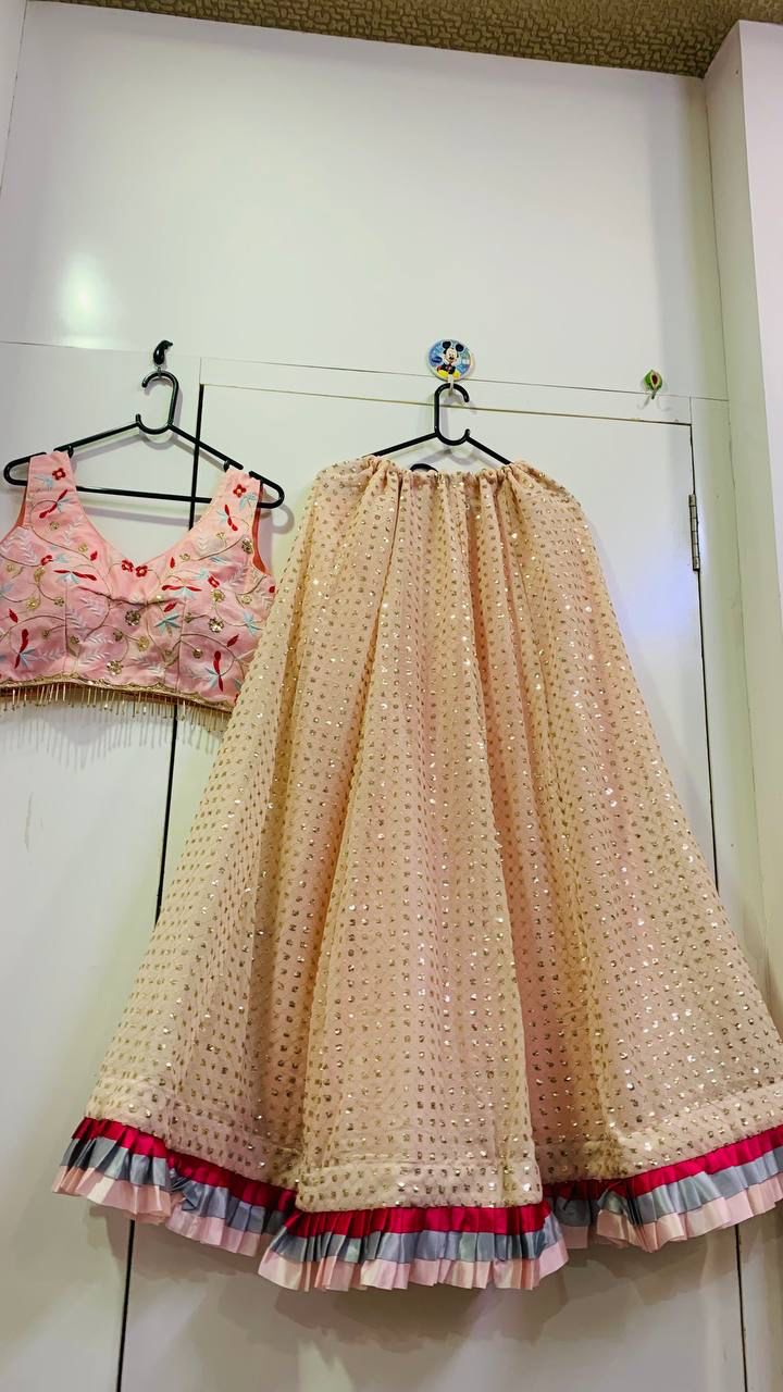 Beige Designer Georgette Lehenga Choli with Frill Border & Organza Dupatta