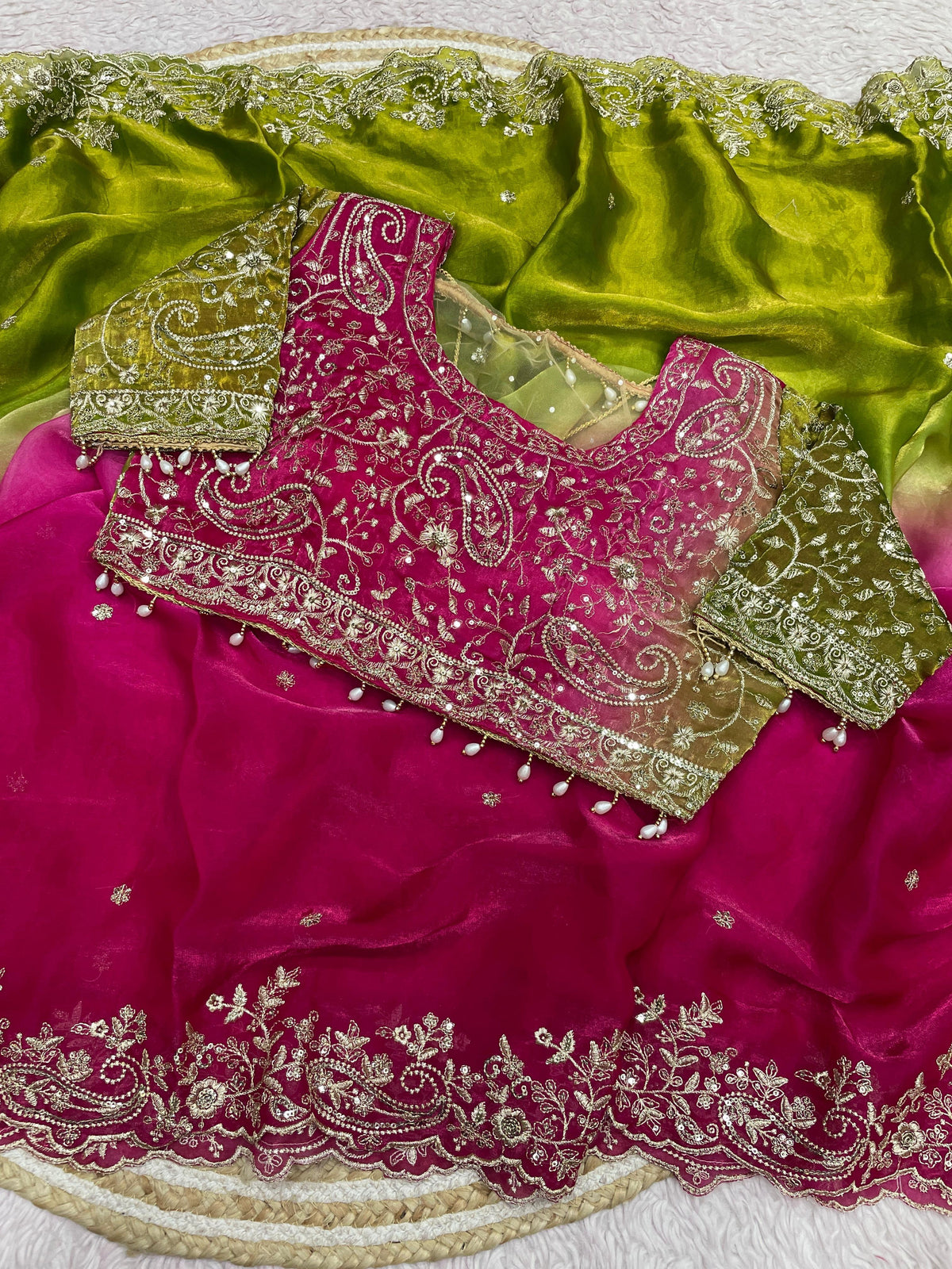 Pink and Green Color Designer Party Wear Saree
