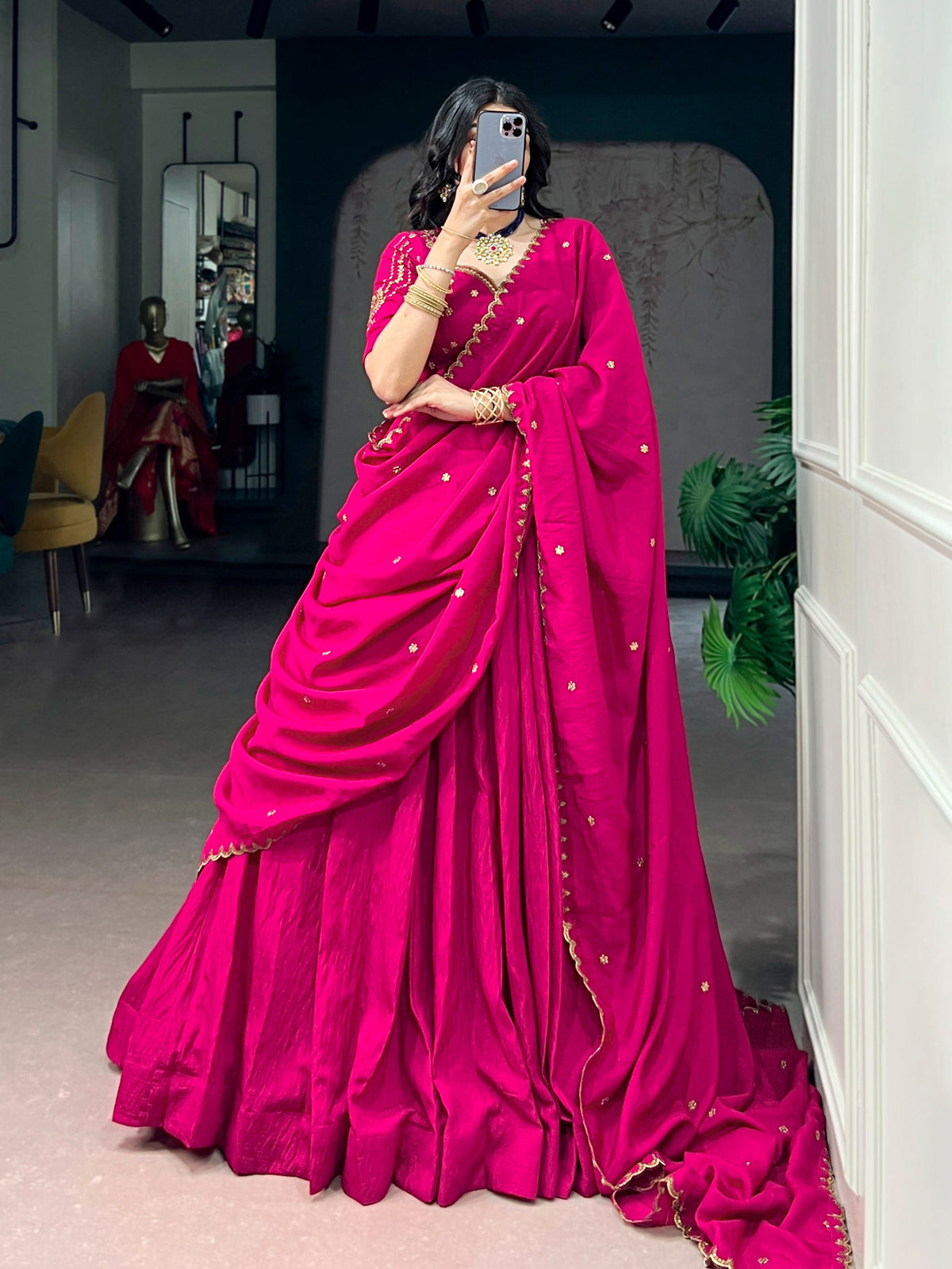 Pink Silk Lehenga Choli with Embroidered Blouse