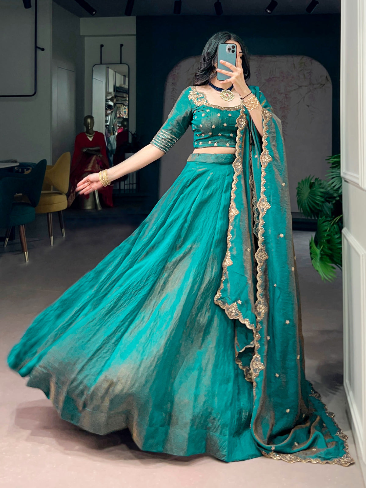 Rama Green Silk Lehenga Choli with Embroidered Blouse