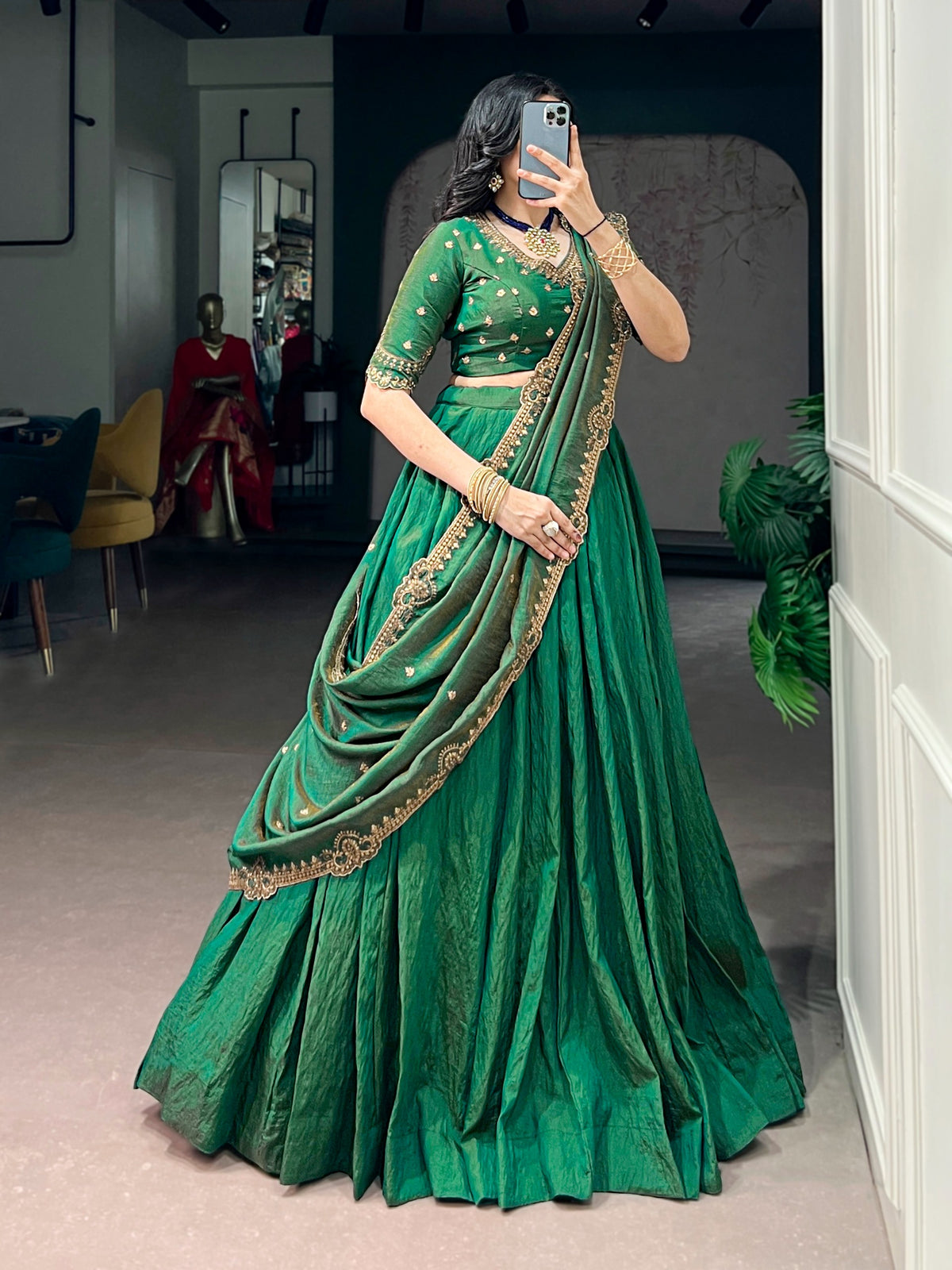 Green Color Silk Lehenga Choli with Embroidered Blouse