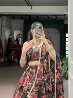 Black Chiffon Floral Printed Lehenga Choli with Dupatta