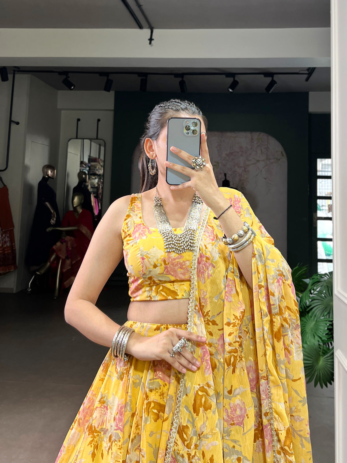 Yellow Chiffon Floral Printed Lehenga Choli with Dupatta