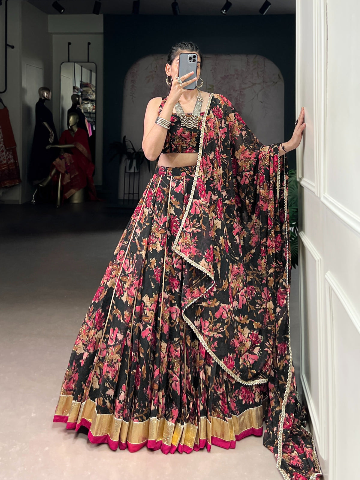 Black Chiffon Floral Printed Lehenga Choli with Dupatta