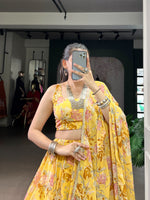 Yellow Chiffon Floral Printed Lehenga Choli with Dupatta
