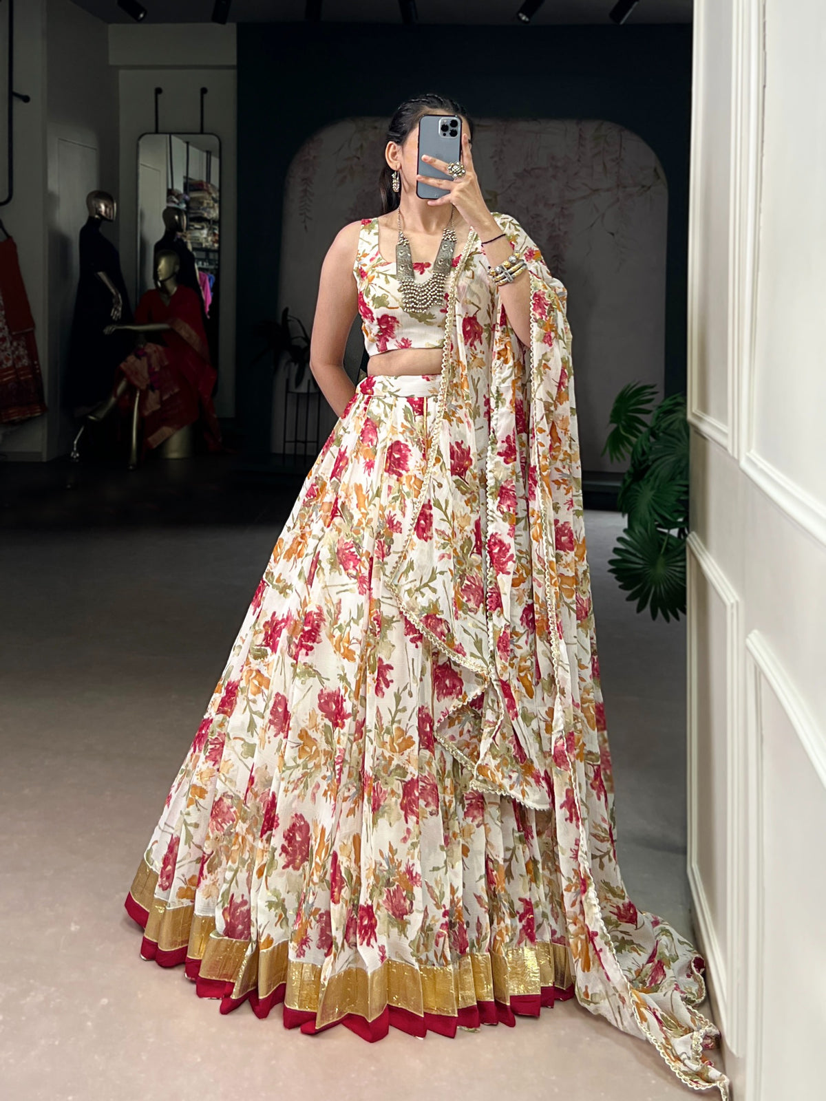 White Chiffon Floral Printed Lehenga Choli with Dupatta