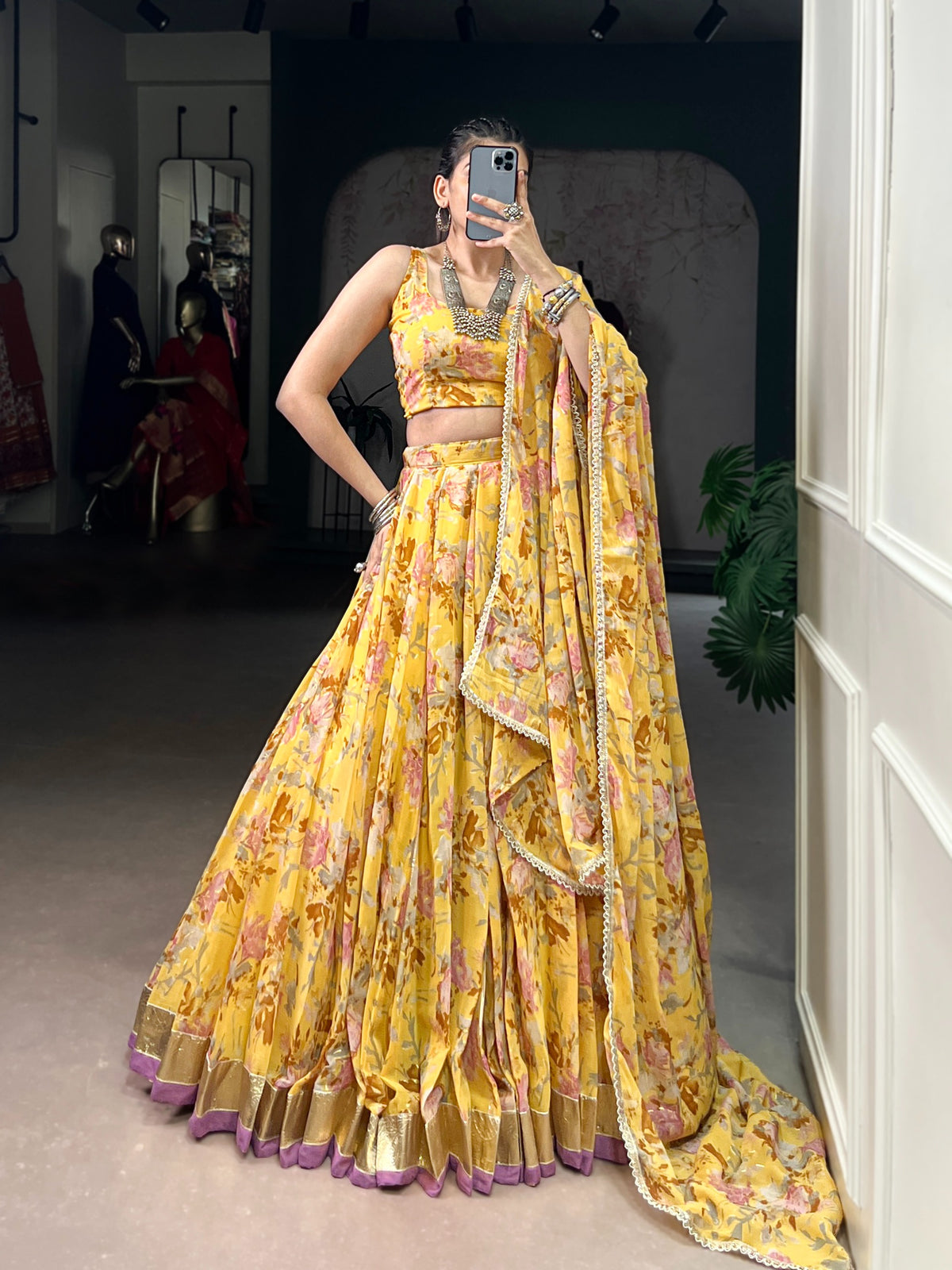 Yellow Chiffon Floral Printed Lehenga Choli with Dupatta