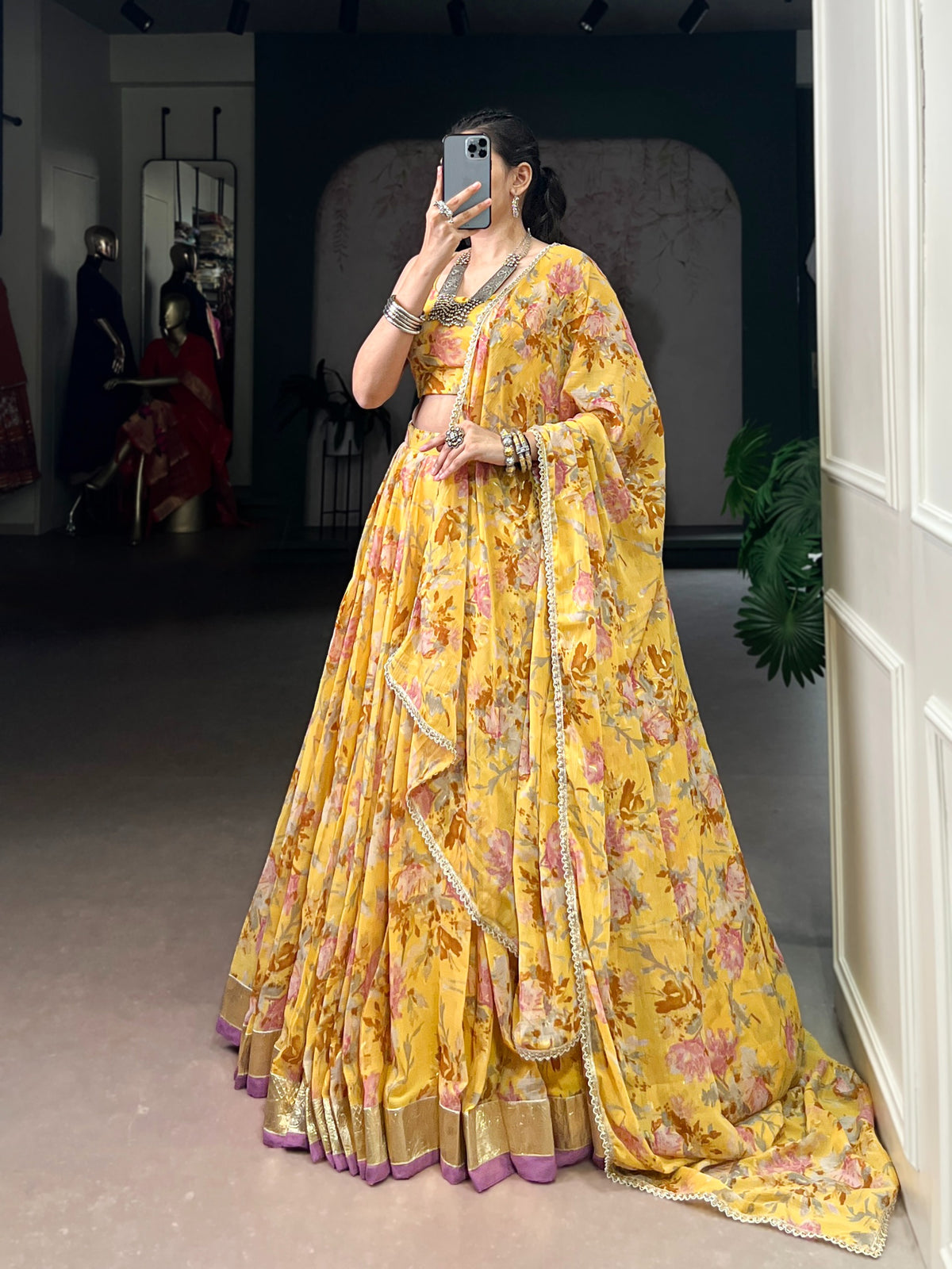 Yellow Chiffon Floral Printed Lehenga Choli with Dupatta