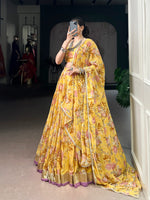 Yellow Chiffon Floral Printed Lehenga Choli with Dupatta
