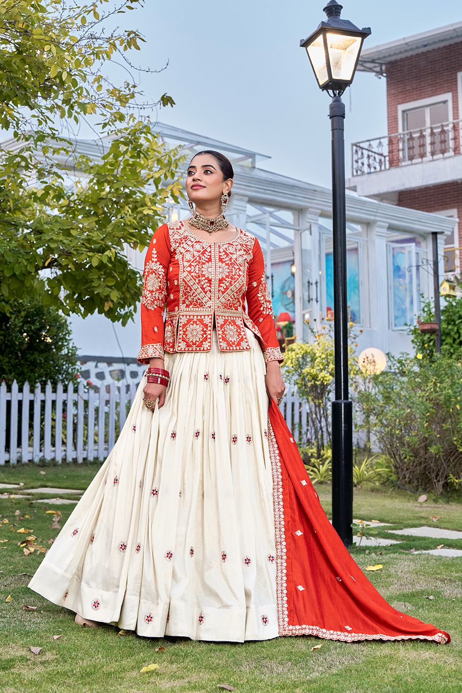 Orange Embroidered Kurti Lehenga Set with Designer Dupatta