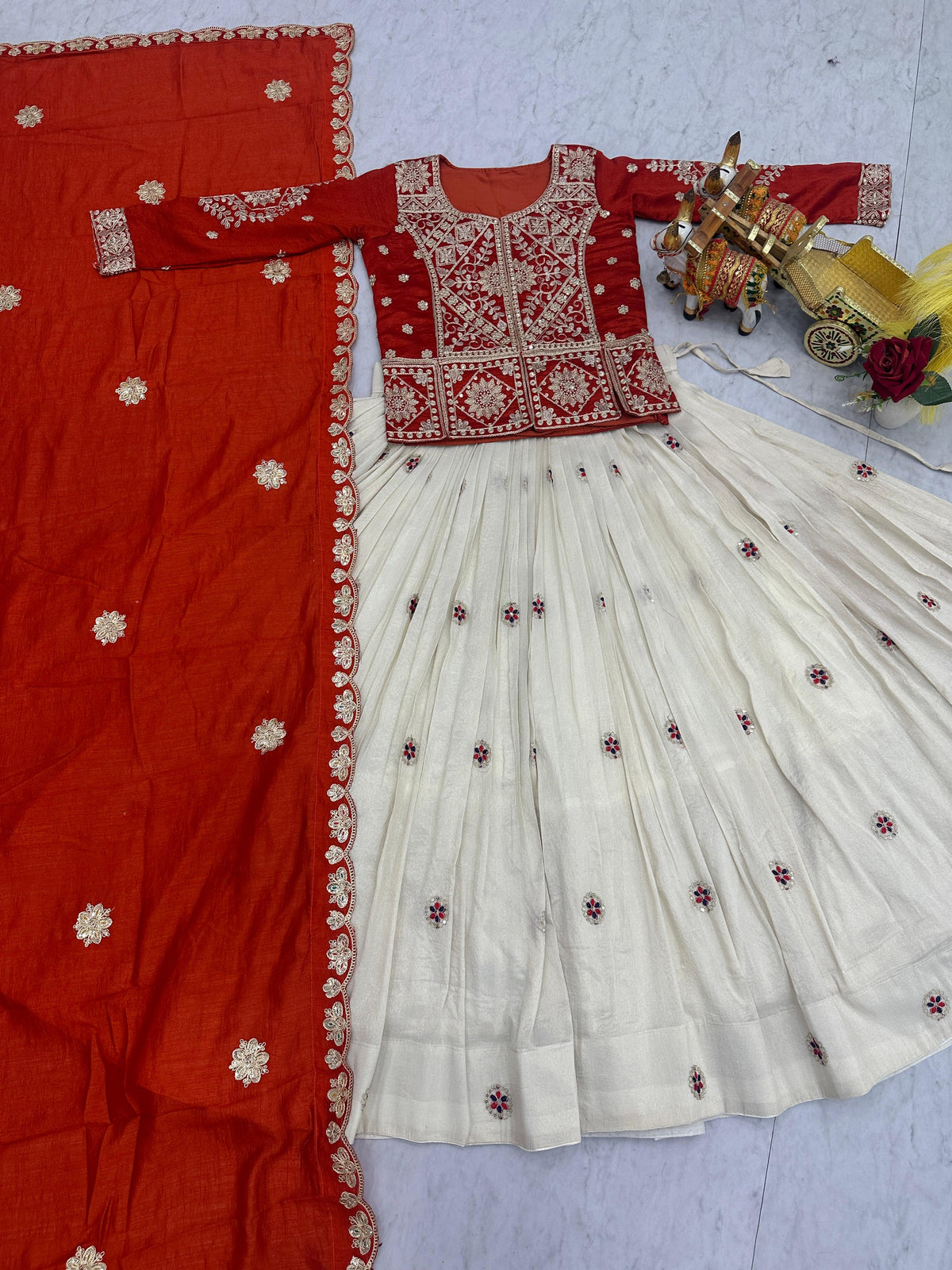 Orange Embroidered Kurti Lehenga Set with Designer Dupatta
