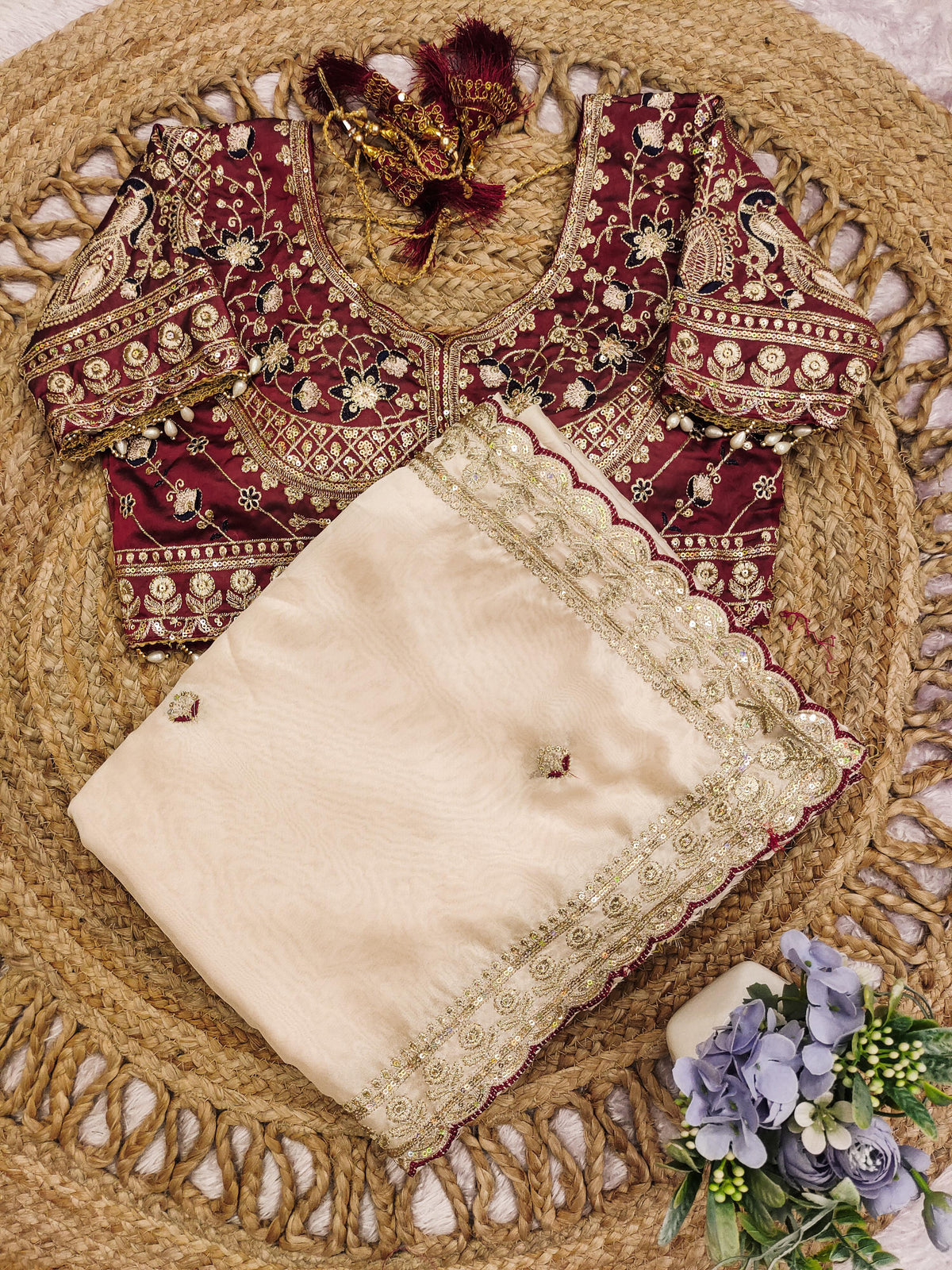 Cream Color Designer Embroidery Silk Saree
