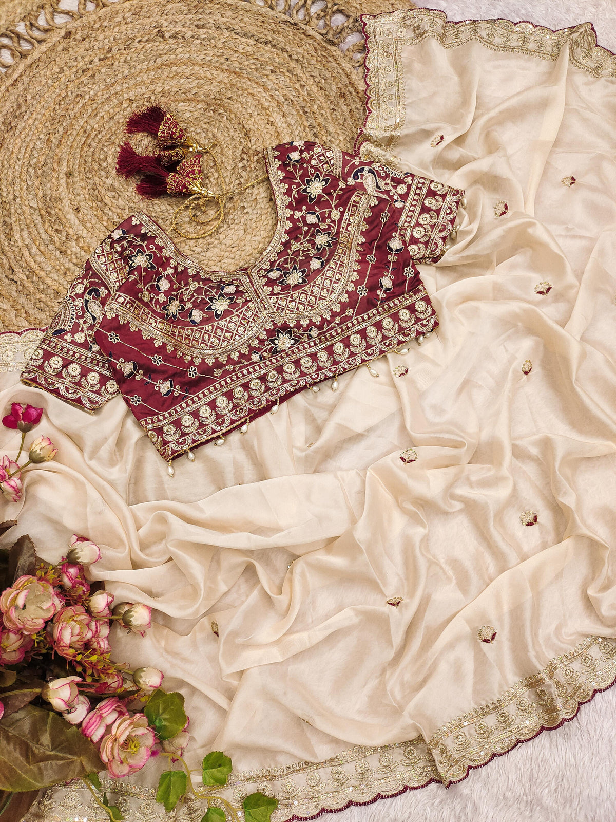 Cream Color Designer Embroidery Silk Saree