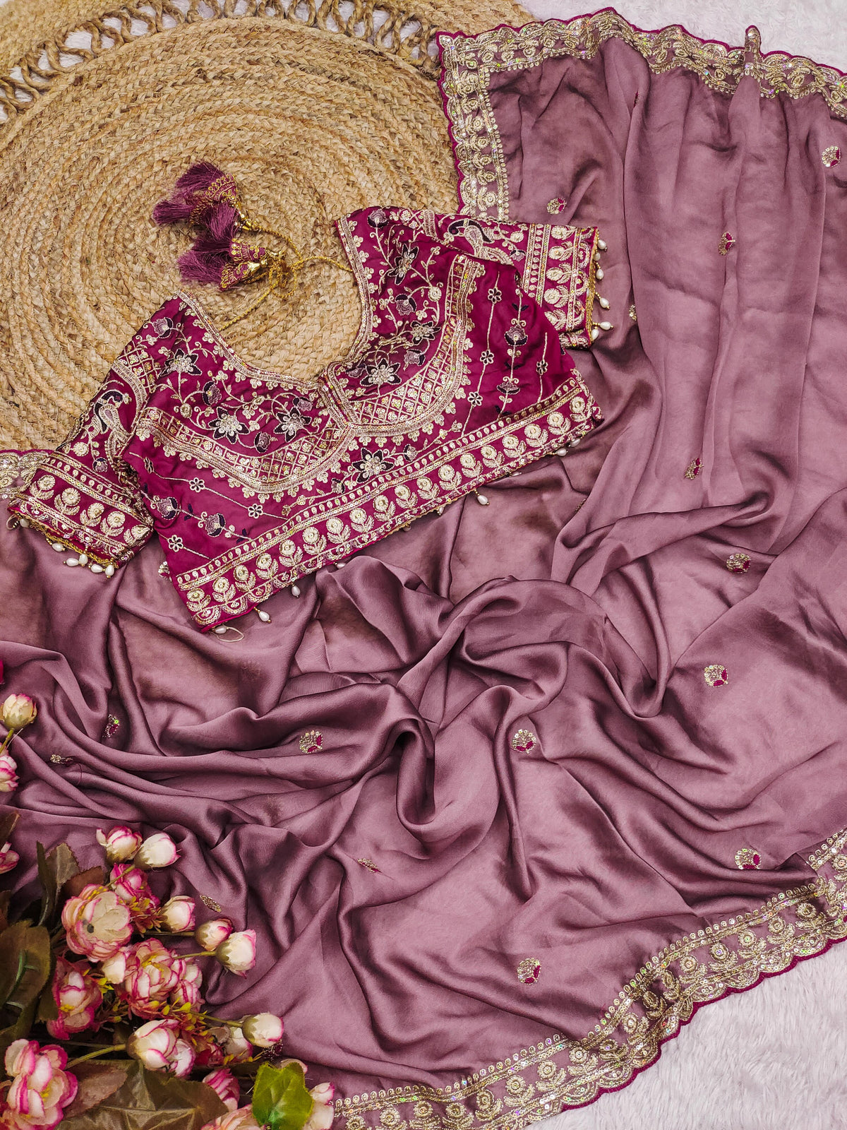 Onion Pink Color Designer Embroidery Silk Saree