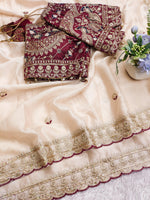 Cream Color Designer Embroidery Silk Saree