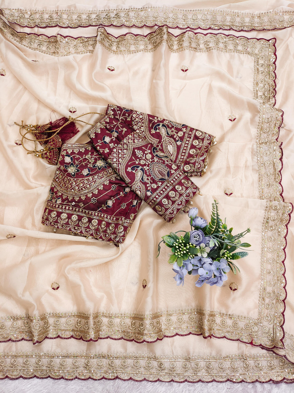 Cream Color Designer Embroidery Silk Saree