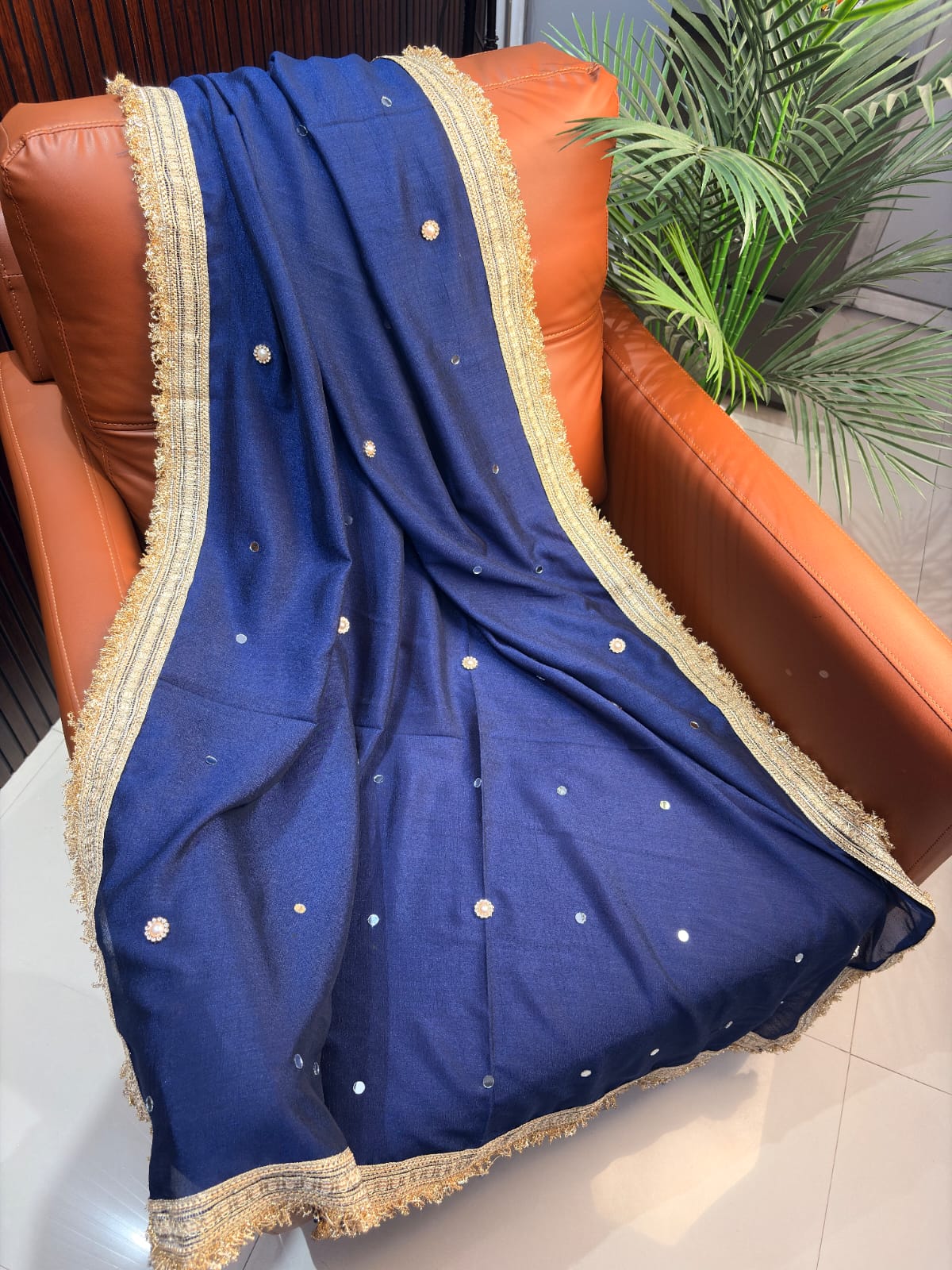 Vichitra Silk Saree Real Mirror Work Moti Golden Lace Border with Blouse