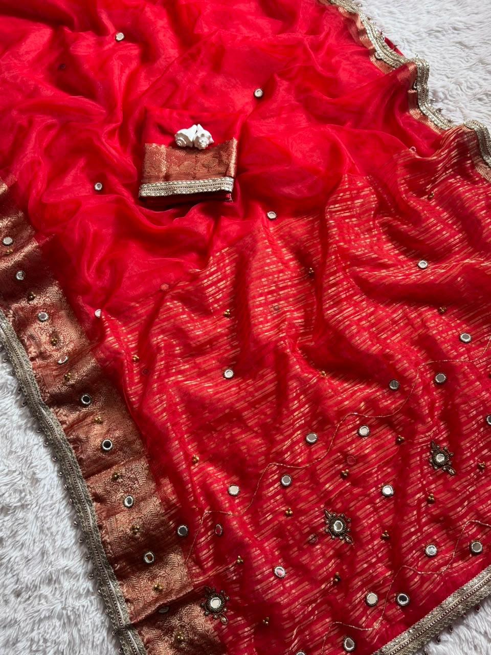 Ghungroo Mirror Work Saree – Soft Tissue Silk
