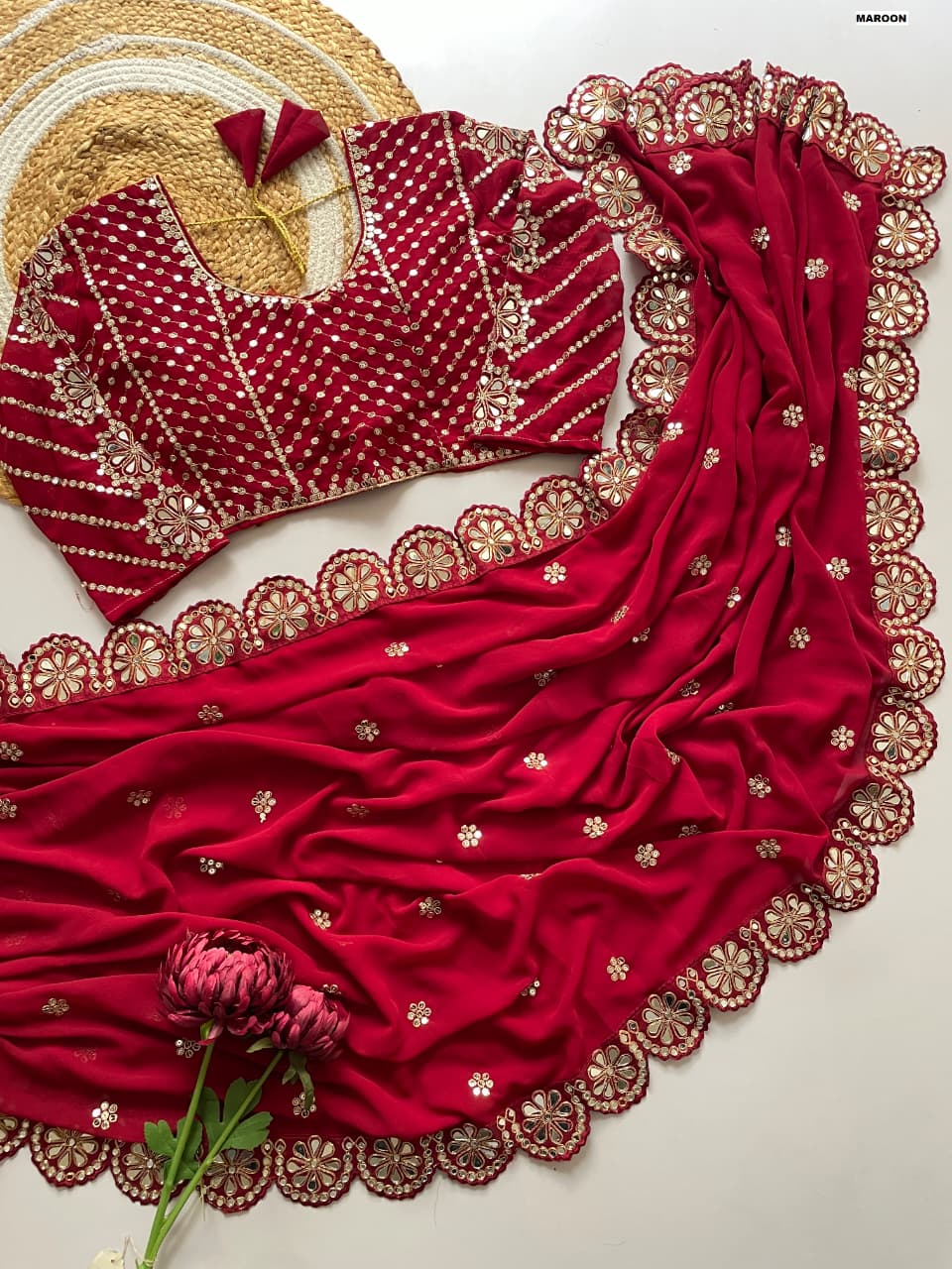 Red Color Designer Faux Georgette Party Wear Saree