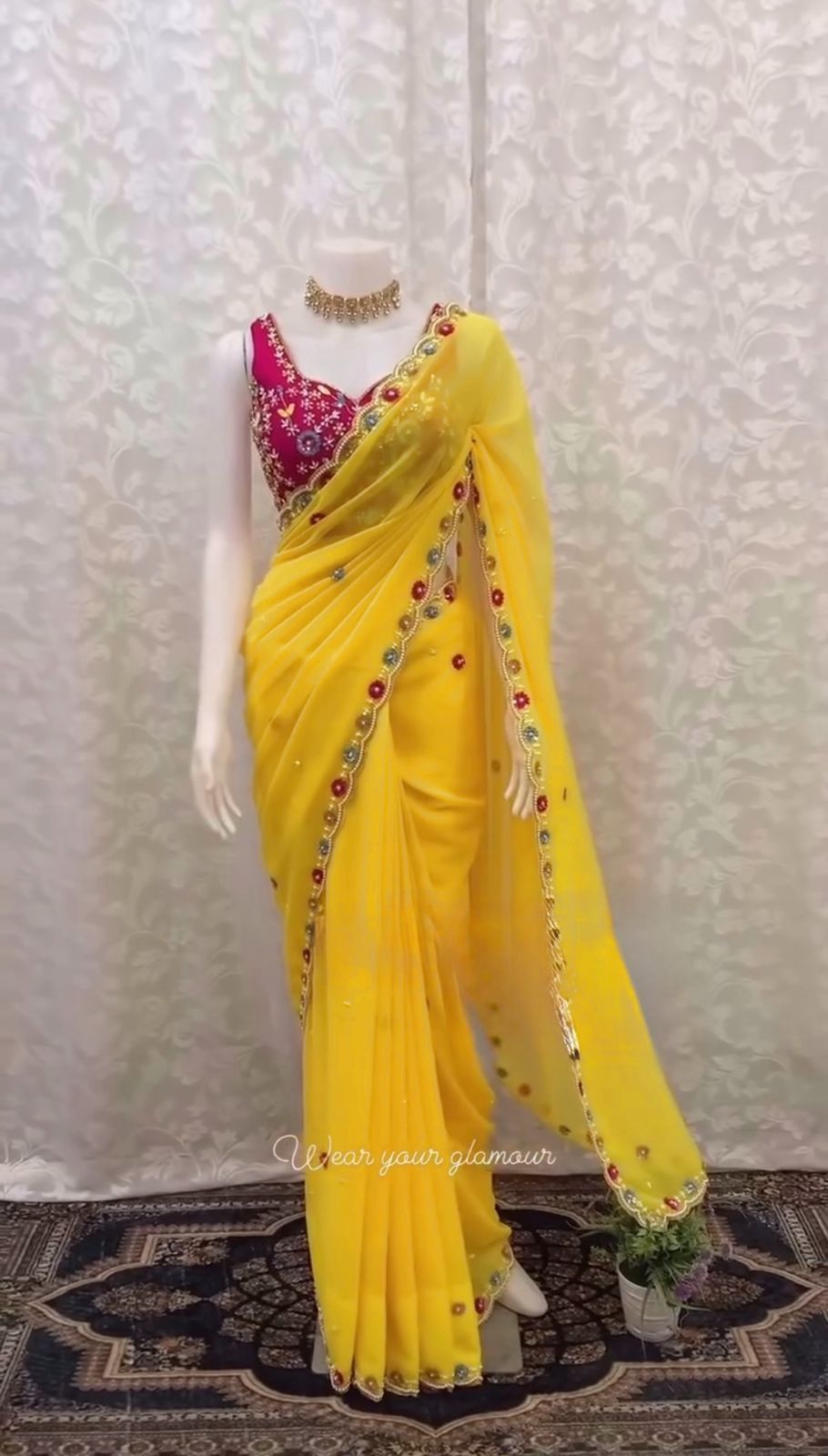 yellow color designer embroidery Georgette Saree