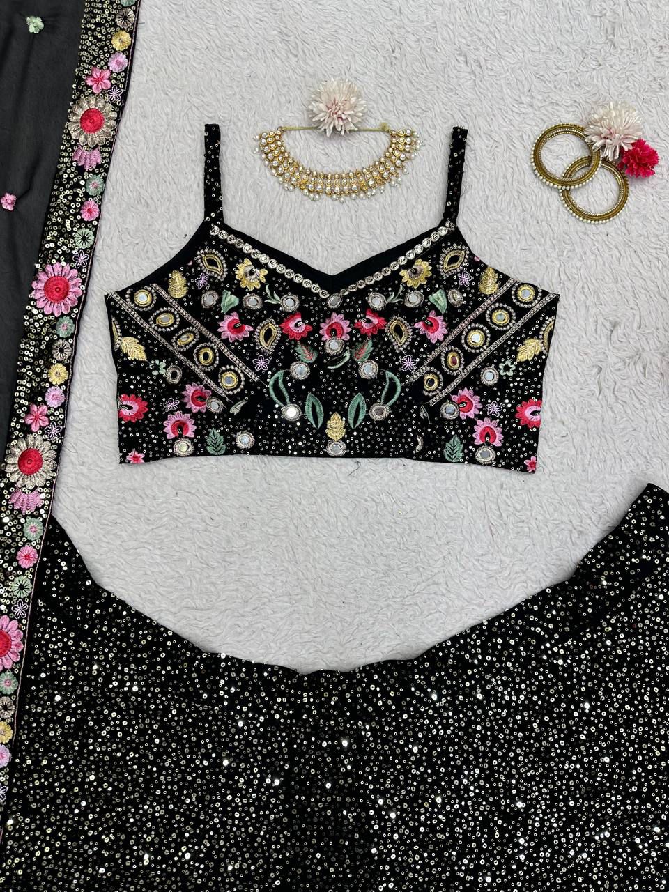 Black Faux Georgette Party Wear Lehenga Choli with Thread & Sequence Work