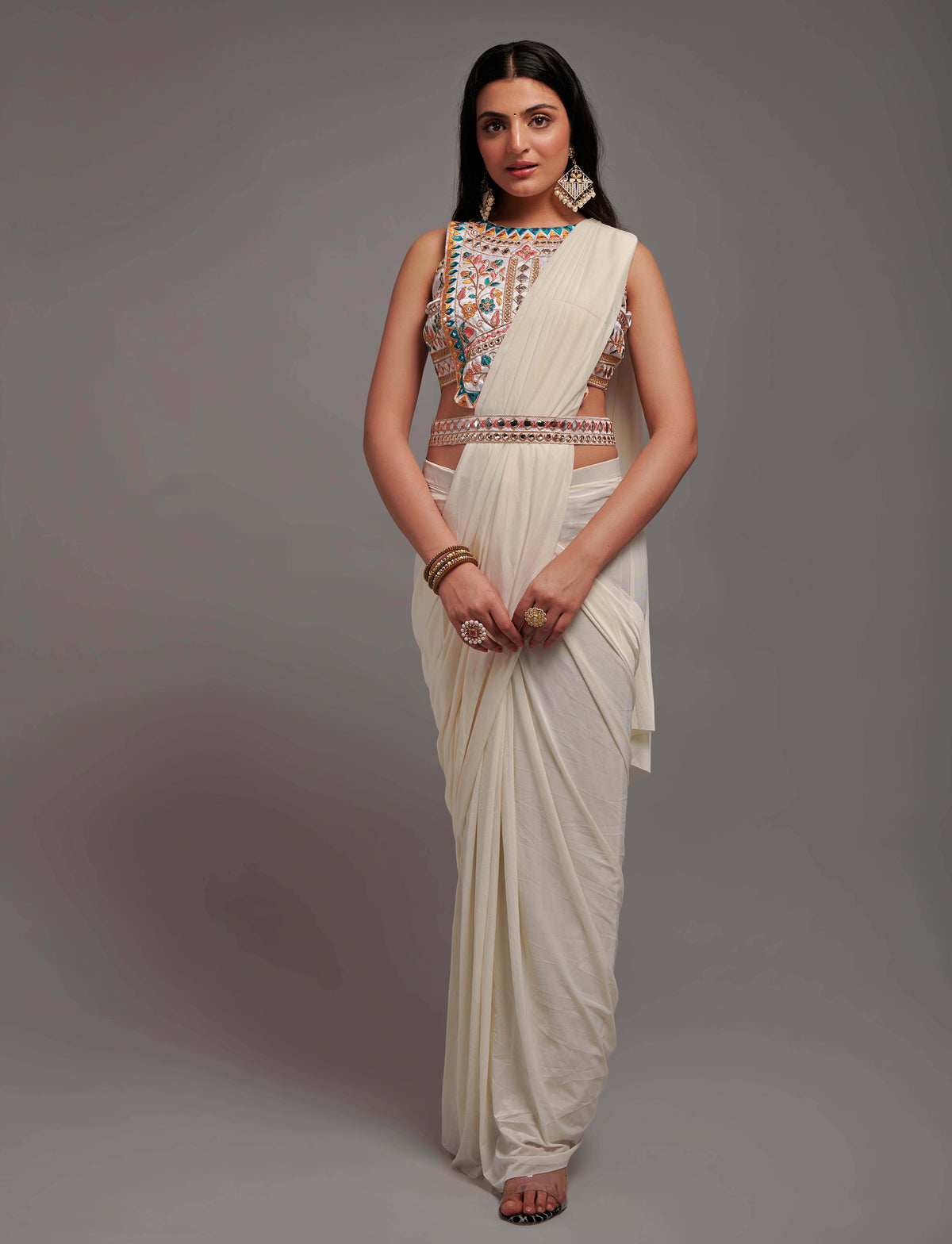 Whites - Ready Pleated Saree / Sarees / Ethnic Wear - Joshindia