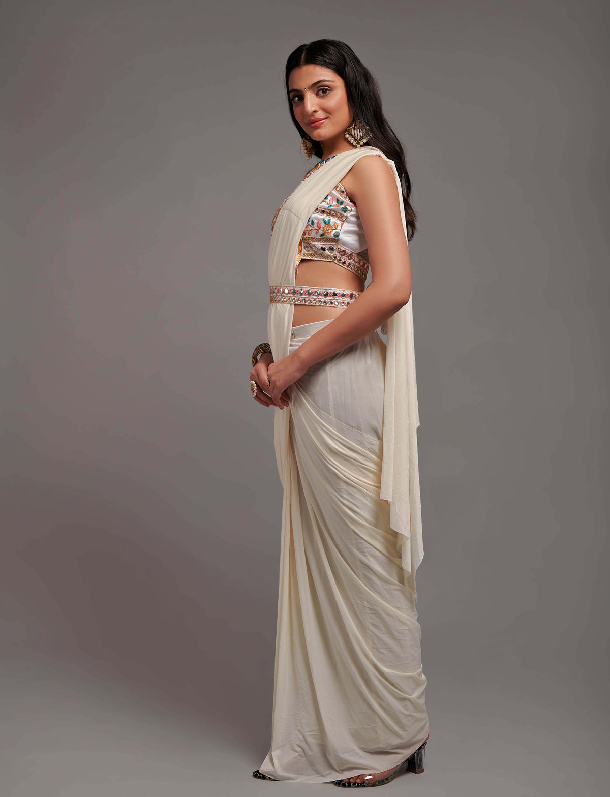 Whites - Ready Pleated Saree / Sarees / Ethnic Wear - Joshindia
