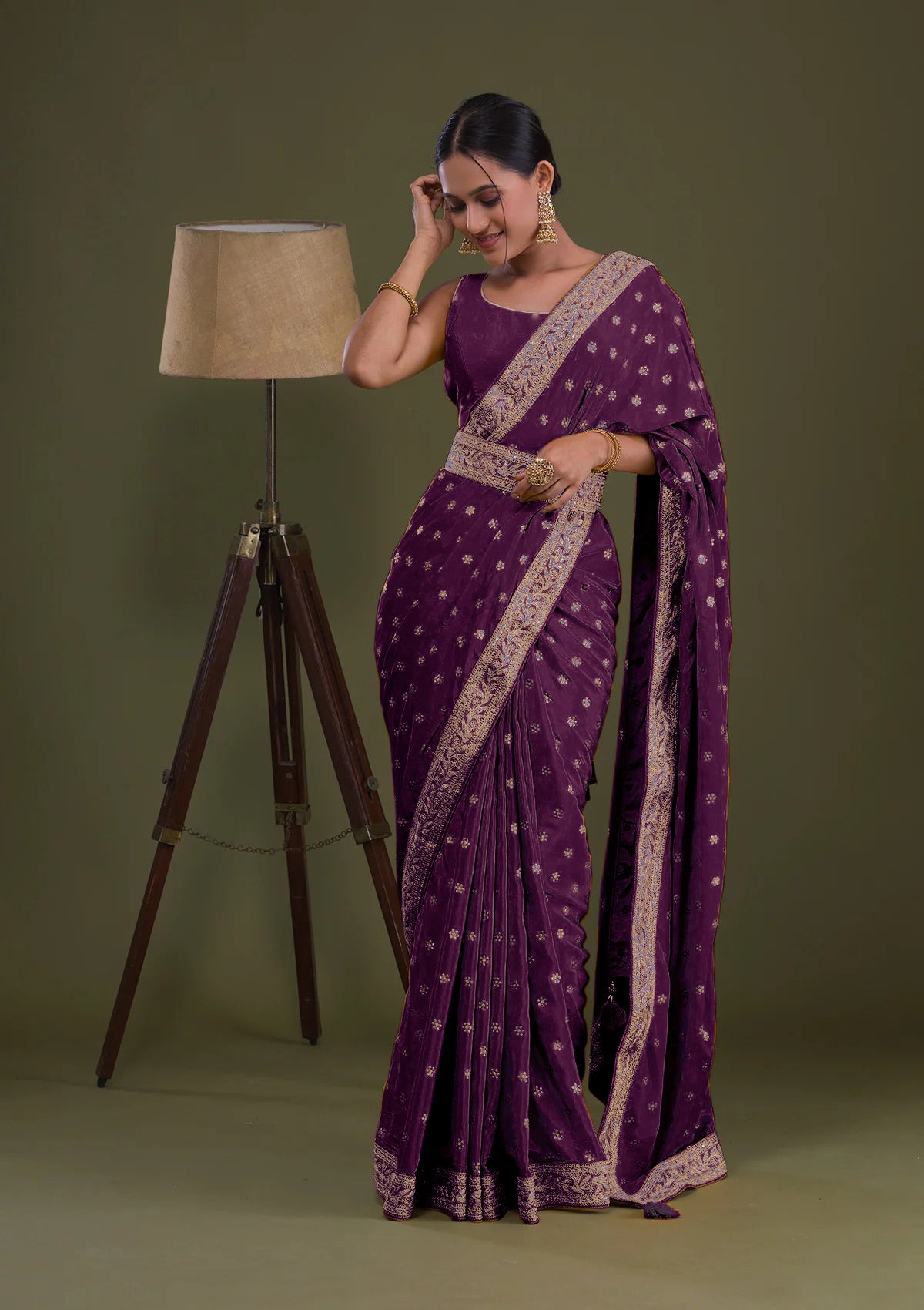 Charismatic Wine Ruffle Work Chinon Party Wear Saree - JOSHINDIA - Joshindia