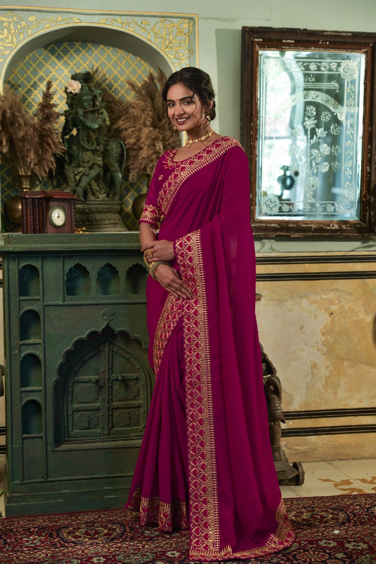 Buy Wine Color Designer Indian Saree Online - Joshindia