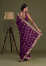 Charismatic Wine Ruffle Work Chinon Party Wear Saree - JOSHINDIA - Joshindia