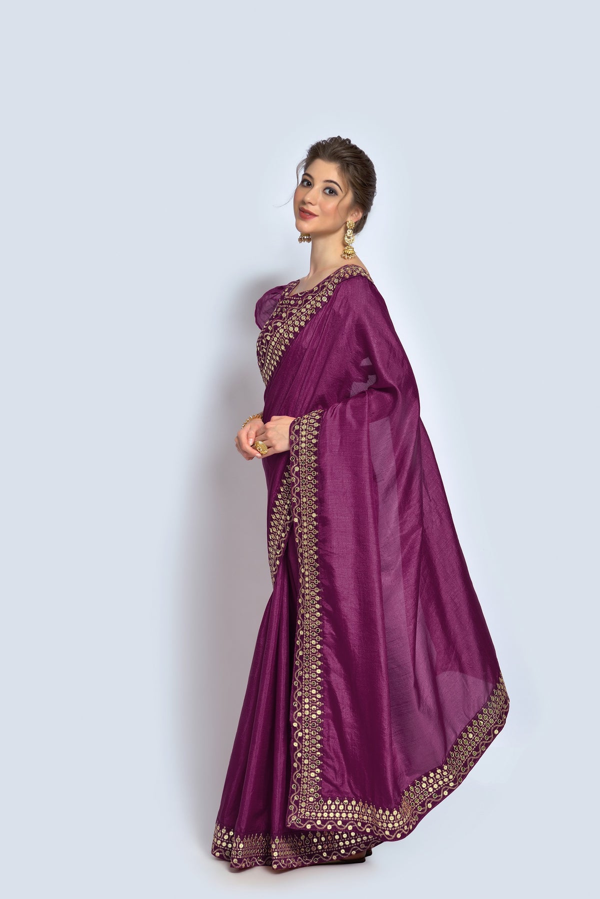 Buy Glamorous Wine Sarees Vichitra silk Online - Joshindia
