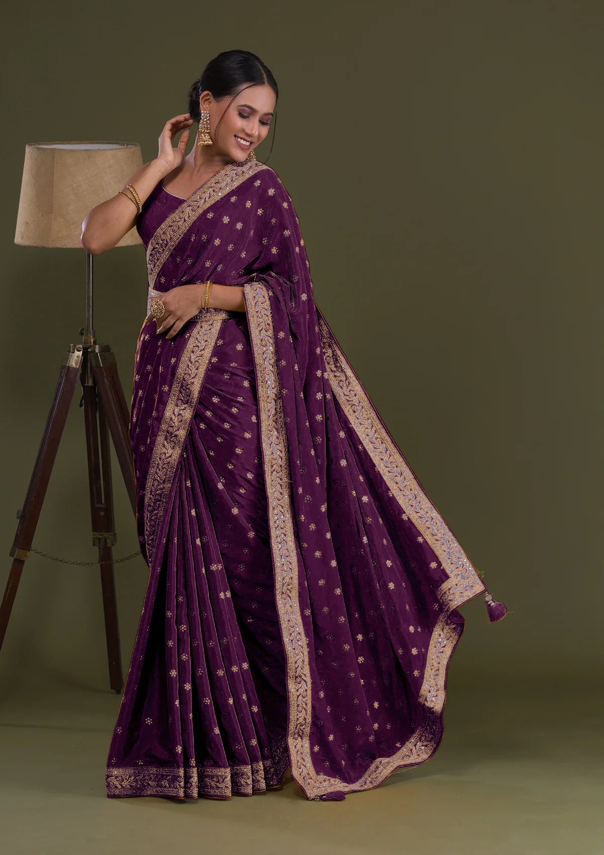 Charismatic Wine Ruffle Work Chinon Party Wear Saree - JOSHINDIA - Joshindia