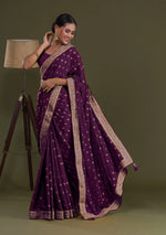 Charismatic Wine Ruffle Work Chinon Party Wear Saree - JOSHINDIA - Joshindia