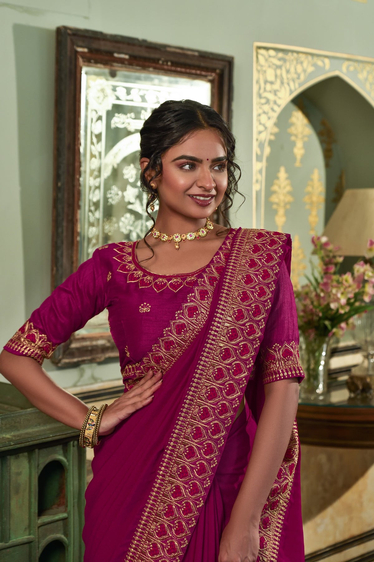 Buy Wine Color Designer Indian Saree Online - Joshindia